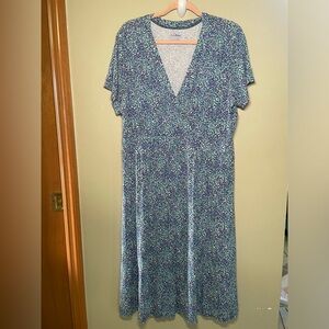 LL Bean Womens Faux Wrap Midi Dress Blue White Short Sleeve V-Neck Size 2X A004